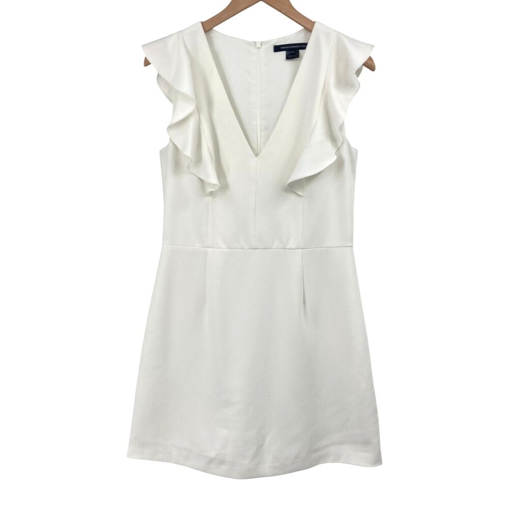 French Connection Dress US 10 White Ruffle Sleeve V Neck Sheath Career Cocktail